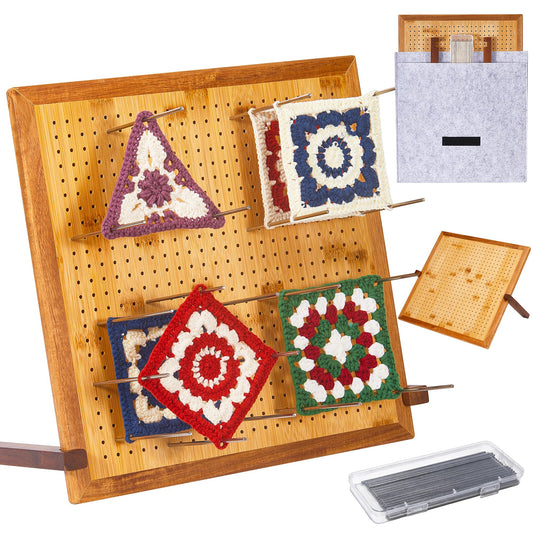 13" Crochet Blocking Board with 25 Pegs(Pins) & Felt Bag, Granny Square Blocking Board for Crochet Projects, Adjustable Bamboo Wood Board for Crocheting & Knitting, Gift for Crocheter