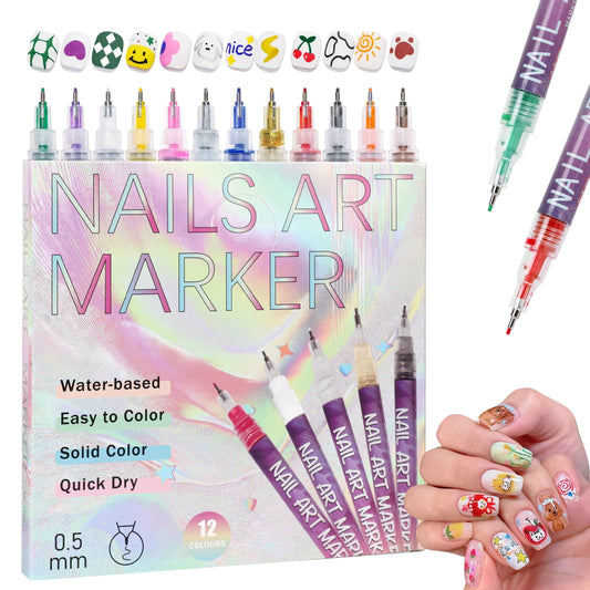 12 Colors Nail Art Pens Set: Fine Tip 0.5mm Quick-Dry Nail Art Markers for DIY Nail Designs & Nail Painting, Ideal Gift for Women & Girls, Great for Home Salon & Beginners