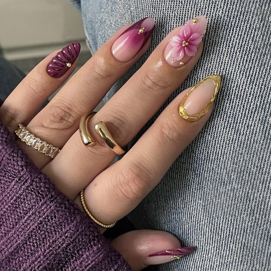 Almond Press on Nails Medium Fake Nails Purple Acrylic Nail Press ons Seeneey Pink Floral and Gold Charm Designs French Stick on Nail for Women 24pcs