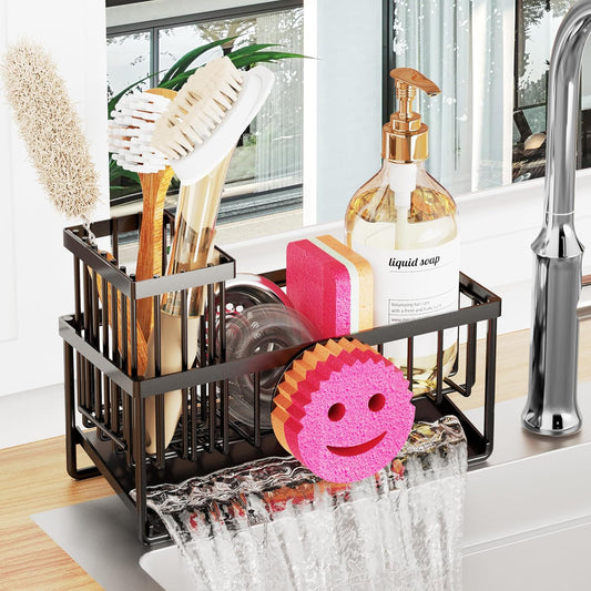 Skiennix Sponge Holder - Smiley Face Sink Caddy with Removable Brush Holder | Self-Draining Kitchen Essential