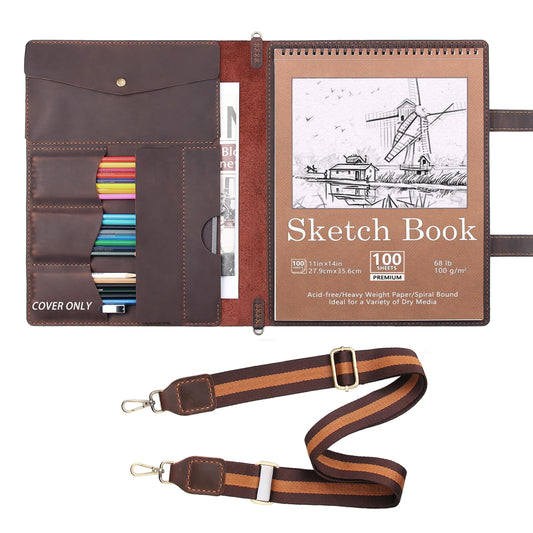 Robrasim Handmade Leather Sketchbook Cover, Artist Sketch Pad Holder for 11"X14" Top Spiral Bound Sketchbook, Drawing Book Pencil Case, Journal Portfolio with Shoulder Strap, Artist Gifts,Coffee