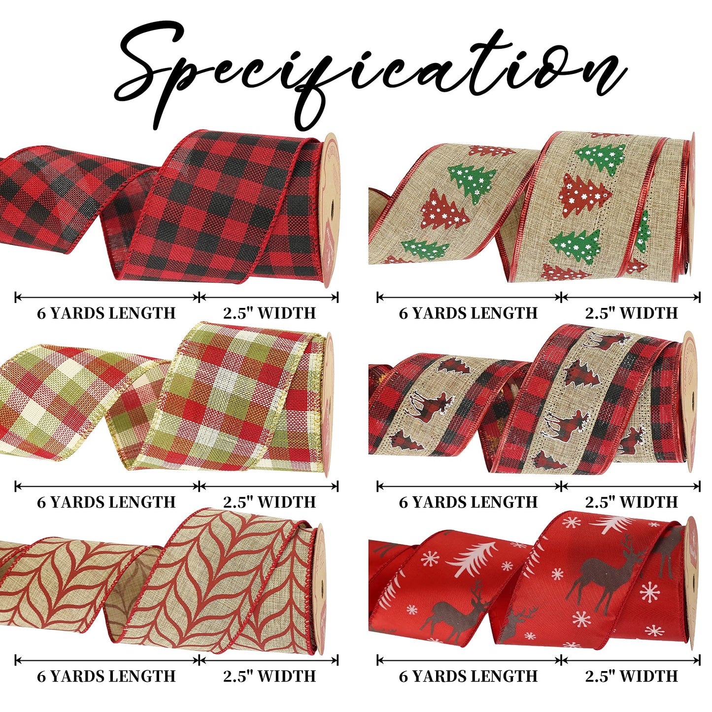 MEEDEE Burlap Wired Ribbon 2.5 Inch 6 Rolls 36 Yards Buffalo Plaid Ribbon for Wreaths, Tree Decorations, Ribbon Garland