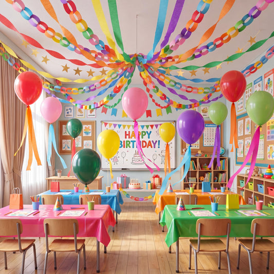 Teyva Daily Rainbow 665 Pcs Birthday Party Decor Kit 600 Sheets Paper Chain Garland 10 Rolls 330 ft Pastel Crepe Paper 50 Balloons 4 Star Stripe and Stapler Set DIY Hanging (0.98" X 8.66")