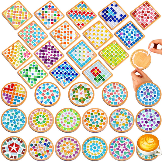 Reallnaive 32 Sets Valentines DIY Mosaic Tiles for Crafts Mixed Color Glass Mosaic Kits Xmas DIY Coasters Kit Make Your Own Stained Glass Coaster for Handmade Holiday Decoration Gift (Colorful Style)