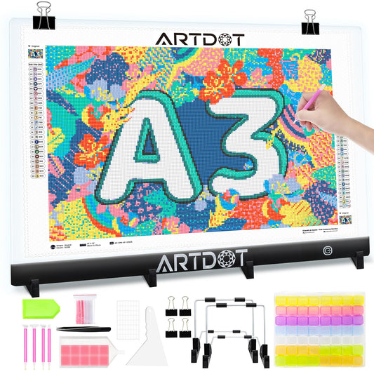 ARTDOT A3 LED Light Pad for Diamond Art Kits for Adults, USB Powered Light Board Kit, Adjustable Brightness with Diamond Painting Tools Detachable Stand and Clips