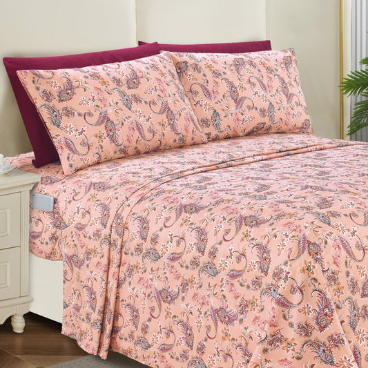 Elegant Comfort Softest and Coziest 6-Piece Sheet Set - 1500 Premium Hotel Quality Microfiber - Deep Pocket, Wrinkle Resistant 6-Piece Paisley Pattern Bed Sheet Set, King, Paisley Coral