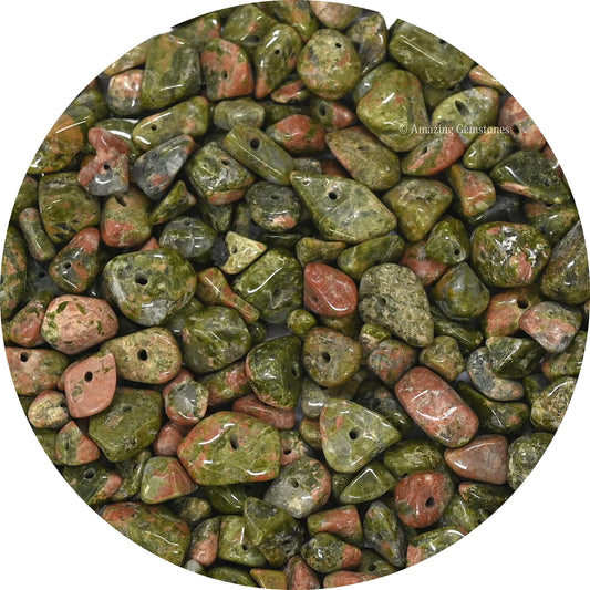 Unakite Pre Drilled Natural Crystals Crushed Chips Beads for Jewelry Making, DIY Handmade Healing Crystals (25 Inch Strand)