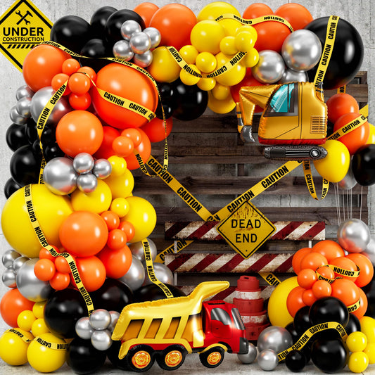ALL-IN-1 Construction Balloon Arch Kit with BONUS Caution Tape & Truck Balloons - Construction Balloons for Excavator Birthday Decorations - Construction Birthday Party Supplies & Decorations