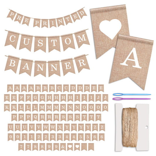 Pre-Printed Banner Kit – 97 BURLAP Flags with WHITE Letters, Numbers & Symbols, Reusable DIY Custom Banner, Make Your Own Personalized Banner for Aesthetic Party Decor, Natural Linen-Look Burlap, Includes Twine & Needles