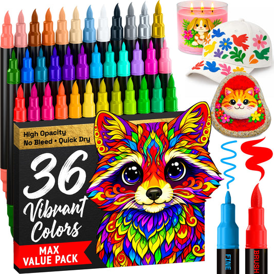 ARTISTRO 36 Acrylic Paint Markers - Paint Pens for Drawing, Brush + Fine Tips - For Fabric, Rock, Glass, Wood, DIY - Art & Craft Supplies for Adults, Teens, Kids - Teacher Appreciation Gift