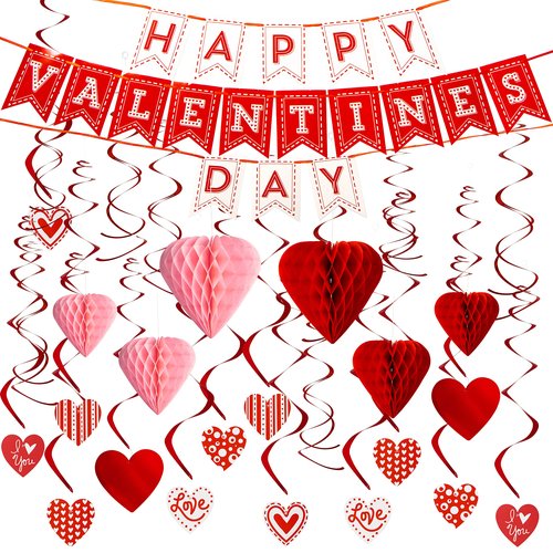 JOYIN 31 Pcs Valentines Day Swirl String Cutout,Decoration Kit with Banner, Garland, Foil Swirls, Hanging Swirls with Heart Pendant,Heart Honeycombs for Valentines Party, Wedding ,Anniversary