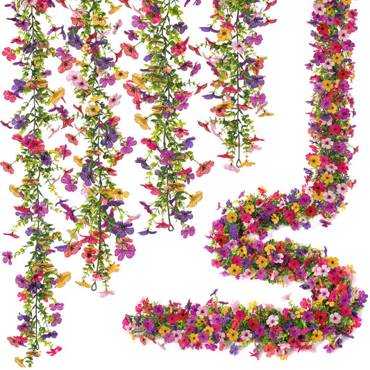 Ammyoo Artificial Flowers Garland Ivy, 4 Pack 5.9 FT Spring Summer Decor UV Resistant Fake Mums Floral Vine Silk Daisy Hanging Flower for Home Garden Wedding Decor Photo Booth Backdrop(Mix)