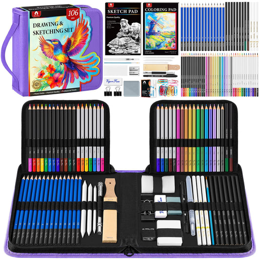 106 PCS Art Supplies Sketching Kit, Pro Drawing Pencils with 3-Color Sketchbook, Coloring Book, Colored Graphite Charcoal Watercolor & Metallic Pencils, Drawing Supplies Gifts for Artists Adults