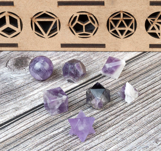 Crocon Amethyst 7 Pcs Platonic Sacred Stones Geometry Set for Chakra Stone Balancing Reiki Healing Spiritual Good Luck Home Office Decor Size: 15-20 mm