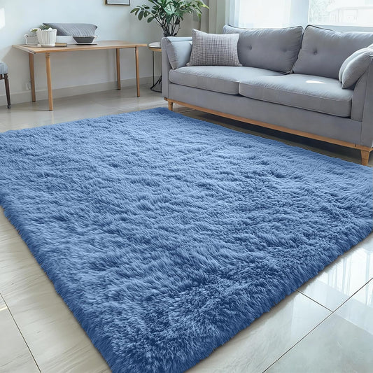 OLANLY Large Area Rugs - Soft Fluffy Shaggy Indoor Carpet for Living Room & Bedroom | 5x8 Blue