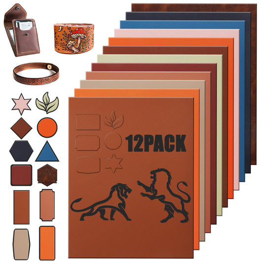 12-Pack Laserable Leatherette Sheets 12.6 x 9 Inch-Leather Patches for Hats with Heat Press/Transfer Adhesive, Laser Engraving Leather for Caps/Jackets/Backpacks (12 Colors)