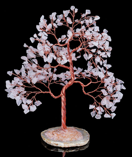 Rose Quartz Gemstone Tree of Life - Geode Agate Slice Base, Handmade Crystal Tree, Pink Healing Stone for Heart Chakra Unconditional Love - Relationships, Attract Good Luck, Self-Love, Gift