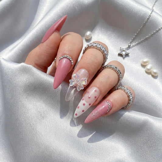 Almond Press on Nails Long Fake Nails Pink Acrylic Nail Press ons Seeneey 3D Bow Designs Sparkly Cat eyeStick on Nail for Women 24pcs