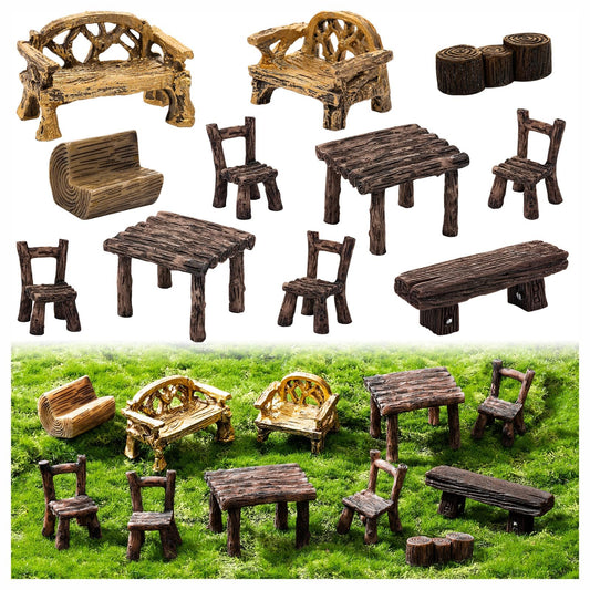 11Pieces Fairy Garden Furniture Ornaments Miniature Table and Chairs Set Village Micro Resin Bench Chair Kit for Dollhouse Accessories Home Micro Landscape Decoration (Vintage Style)