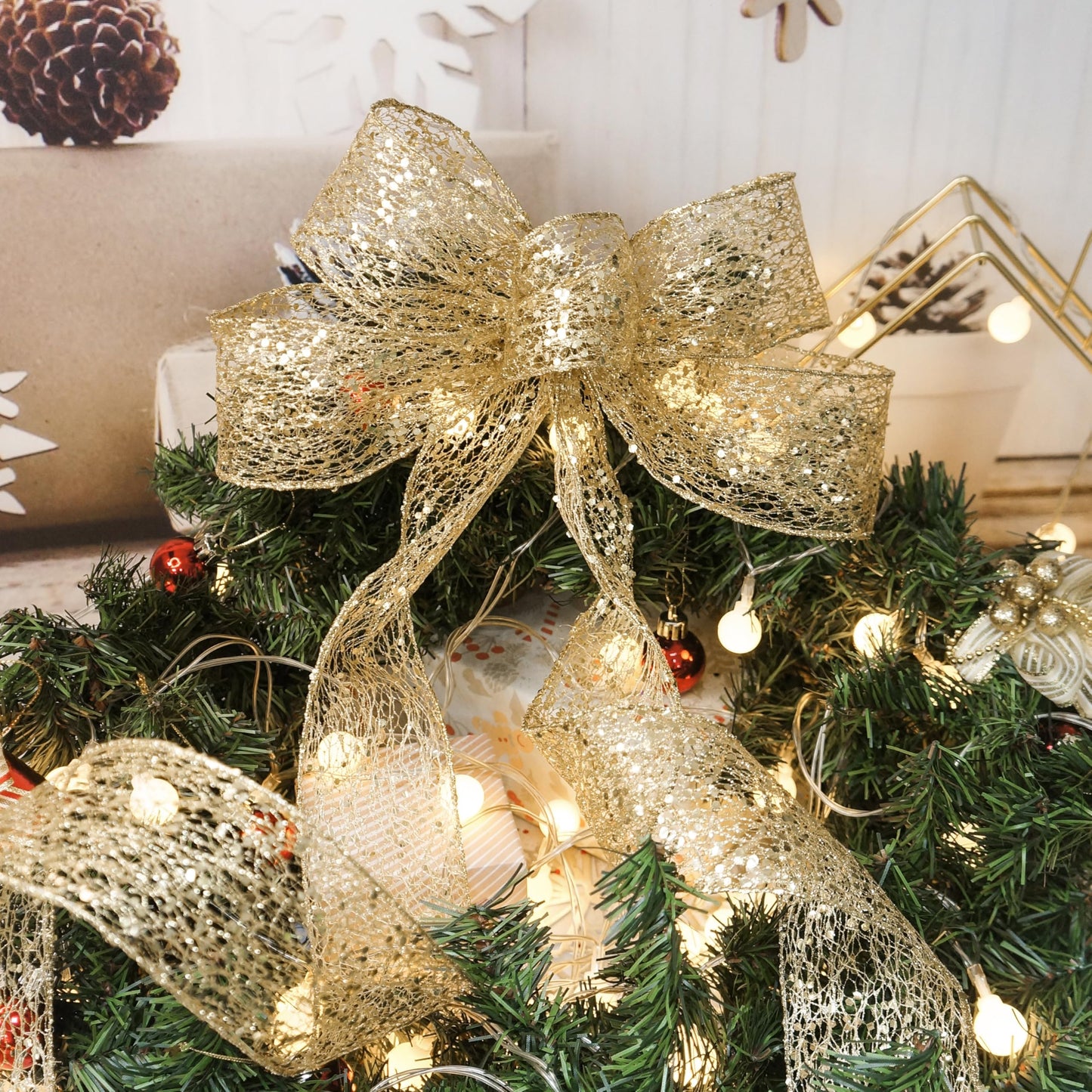 CT CRAFT LLC Sparkling Glitter Mesh Wired Ribbon 2.5" x 20 Yards Gold for Christmas Home Decor Bow Gift Wrapping DIY Crafts Wreath