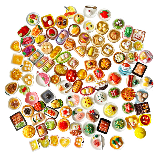 Anrher 100pcs Mini Delicious Food Dishes DIY Dollhouse Pretend Kitchen Play Cooking Game Resin Flatback Decoration Sets