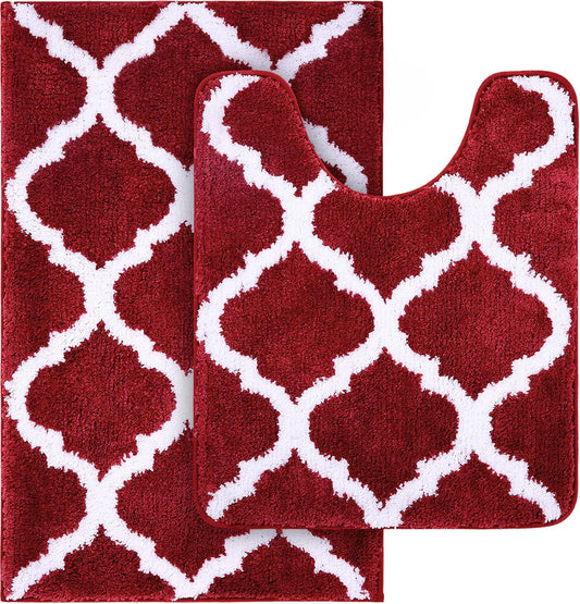 OLANLY Bathroom Rugs Set - Non-Slip Microfiber Bath Mat & U-Shaped Toilet Rug - Burgundy (30"x20" + 24"x20")