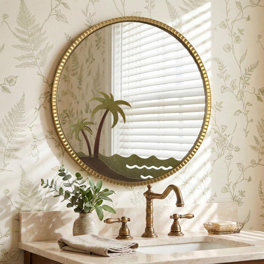 Kaleifaun Round Gold Wall Mirror 32" – Decorative Metal Frame Wall Mirror with Tropical Coconut Tree, Beaded Coastal Accent Mirror for Living Room, Bedroom, Bathroom, Beach House