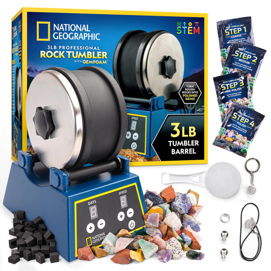 National Geographic Rock Tumbler Kit - 3 Lb. Extra Large Capacity Barrel with 3-Speed Motor & 9-Day Timer, Kit Includes Rocks for Tumbling and Rock Polisher Grit, Rock Tumbler for Adults and Kids