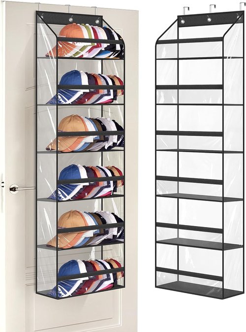 AOODA Clear Over The Door Hat Rack - Large Storage Organizer for Up to 72 Baseball Caps | Black