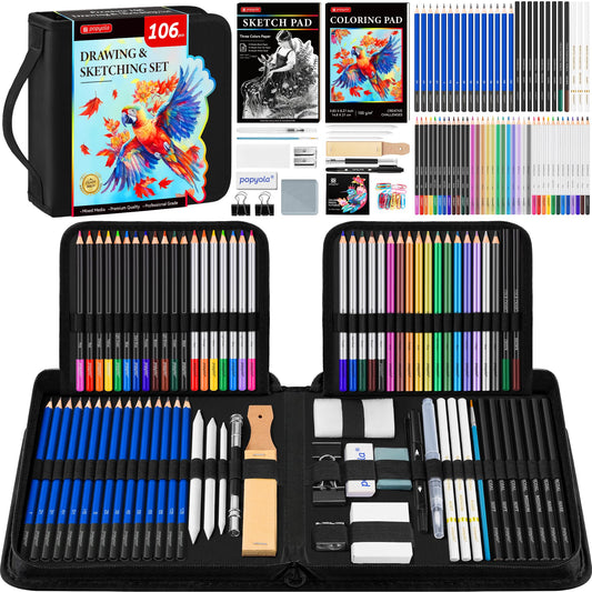106 Pack Art Supplies Sketching Kit with 3-Color Sketchbook, Coloring Book, Tutorial, Graphite Colored Charcoal Watercolor & Metallic Pencils, Drawing Supplies Gift Case for Artists Beginners Adults