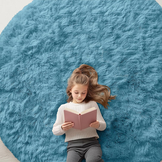 OLANLY Round Slate Blue Area Rug - Soft, Machine Washable 7 ft Shaggy Carpet for Bedroom & Living Room