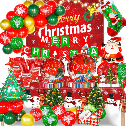 Christmas Party Decorations Xmas Party Supplies Serves for 25-Balloon, Banner, tablecloth, Backdrop, Disposable Paper Plate, Cup, Napkins, Knife, Fork, Spoon