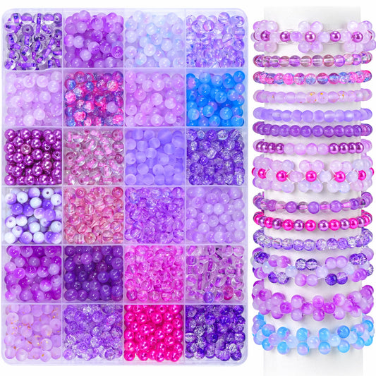 1200PCS 6mm Purple Glass Beads for Bracelets, 24 Colors Assorted Violet Series Crystal Beads Bracelets Making Kit and Jewelry Making, Bracelet Beads for Necklace Earring Crafts DIY
