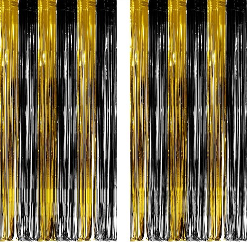 GREATRIL Black and Gold Party Streamers - Foil Fringe Backdrop for NYE, Anniversaries & Birthdays - 3.2ft X 8.2ft - 2 Packs