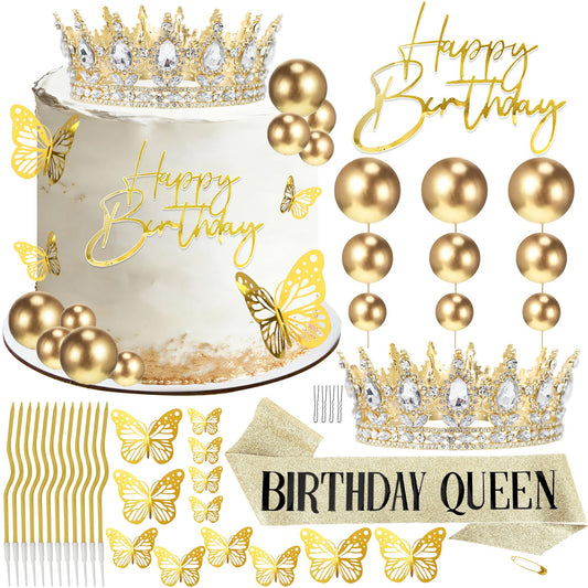 AMZVALU Crown & Birthday Sash for Women - Gold Crown Happy Birthday Cake Topper Candle Balls Butterfly | Corona Para Pastel | Sweet Crown Decoration for Queen Princess Bride Wedding Prom (Gold, White)