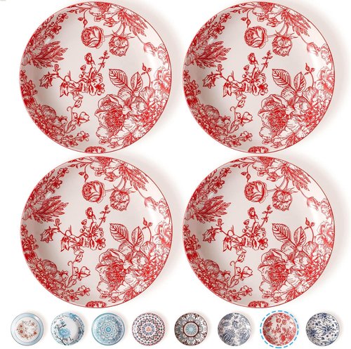 Artena Pasta Bowls Set - 4 Colorful 26oz Porcelain Serving Bowls | 8 Inch Microwave & Oven Safe Red Rose