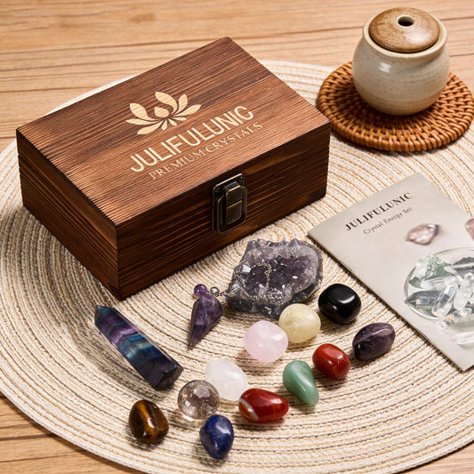 Juliful Unic 15PCS Crystals and Healing Stones Natural Crystals Set for Women Rainbow Fluorite Amethyst Crystal & Pendulum Tumbled Stones Crystal Wands