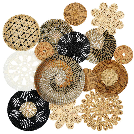 Xuhal 15 Pcs Boho Wall Basket Decor Handcrafted Seagrass Woven Wall Basket Rustic Round Woven Hanging Art for Home Farmhouse Kitchen Table Living Room(Stylish Style)