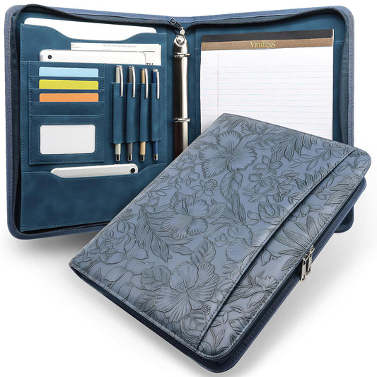 FORTAVEM Embossed Faux Leather Zippered Padfolio with 3 Ring Binder, Executive Portfolio Organizer Binder for Women, Fits 13.9" Laptop/Tablet, Refillable Writing Pad Pocket, Blue
