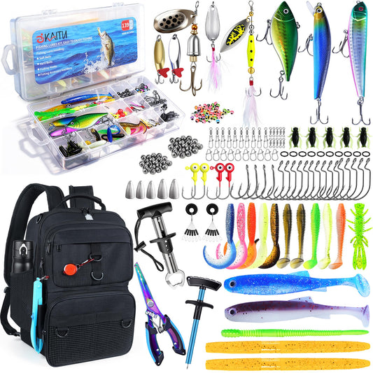 SKAITU Fishing Backpack with Tackle Boxes and Rod Holder, 24L Fishing Sling Bag with Fishing Lures Kit, Fishing Gear Bag Gifts for Men Women - Black Backpack
