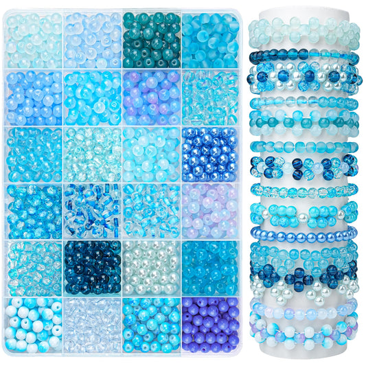 1200PCS 6mm Blue Glass Beads for Bracelets, 24 Colors Crystal Beads Bracelets Making Kit and Jewelry Making, Round Blue Ocean Sea Beads for Friendship Bracelets Earring Necklace DIY Crafts