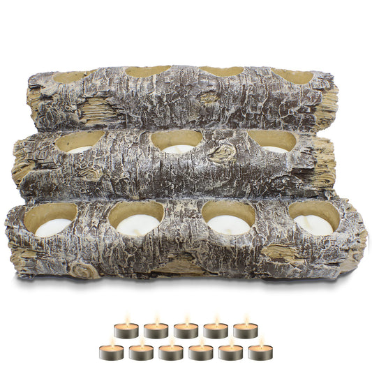 Castaway Faux Fireplace Logs Candle Holder — Realistic Rustic Wood Log Centerpiece with 12 Tea Light Candles, Safe, Smoke-Free ambiance, Authentic Wood Texture, and and Low Maintenance