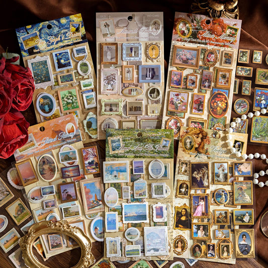 12 Sheets Vintage Scrapbook Stickers Oil Paintings for Journaling Retro Aesthetic Pre-Cut 3D Decorative Stickers Embellishments for Bullet Junk Journals DIY Crafts, Famous Painting Series