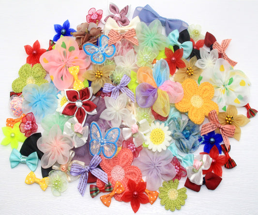 100 Pcs Mixed Ribbon Bows Organza Flower Lace Bead Appliques for Craft DIY, Hair Bows, Headbands, Sewing, Gift Decor (Assorted Colors)