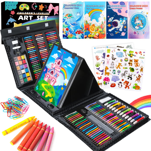 Art Supplies 332 Piece Drawing Art Kit Gifts for Girls Boys Kids Teens Gifts Art Set Case with Double Sided Trifold Easel, Stickers, Sketch Paper, Coloring Book, Pastels, Crayons, Pencils (Black)