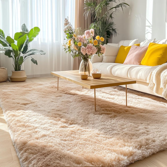 OLANLY Area Rug - Soft Fluffy Shaggy Design | Machine Washable 4x5.9 ft for Living Room & Bedroom - Beige