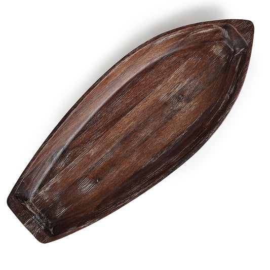 CAMLOT Rustic Wooden Serving Tray, Boat Shape Decorative Tray Vintage Centerpiece, Farmhouse Rustic Trays, Key Tray, Decorative Platter for Countertop Home Decorations- Distressed Brown。(Size L)