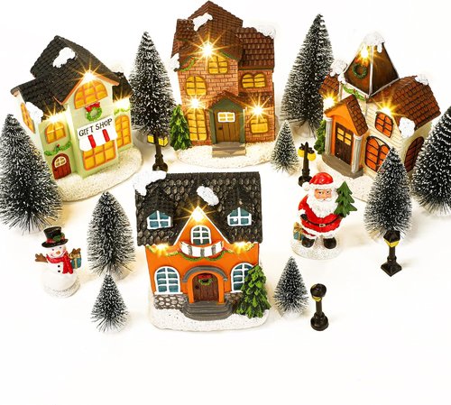 Aneco 19-Piece Christmas Village Set | Resin Houses, Santa & Snowman Figurines, LED Lights, Pine Trees for Winter Decor