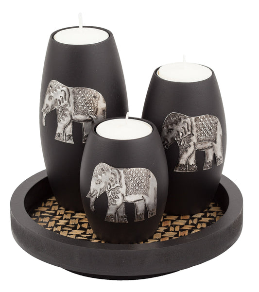 IYARA CRAFT Elephant Candle Holder Set – 3 Handmade Wood Tealight Holders with Tray, Rustic Black Home Décor, Cozy Holiday Centerpiece & Thoughtful for Women, Mom, Housewarming