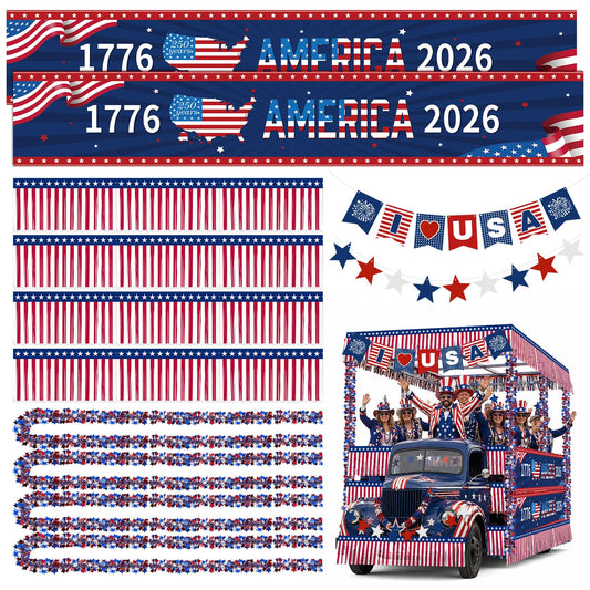 Ceenna 250th Anniversary Parade Float Decor Kit America 1776-2026 250 Years Patriotic Party Supplies with USA Banner Garden Flag Foil Fringe Tinsel Garlands for 4th of July Independence Memorial Day